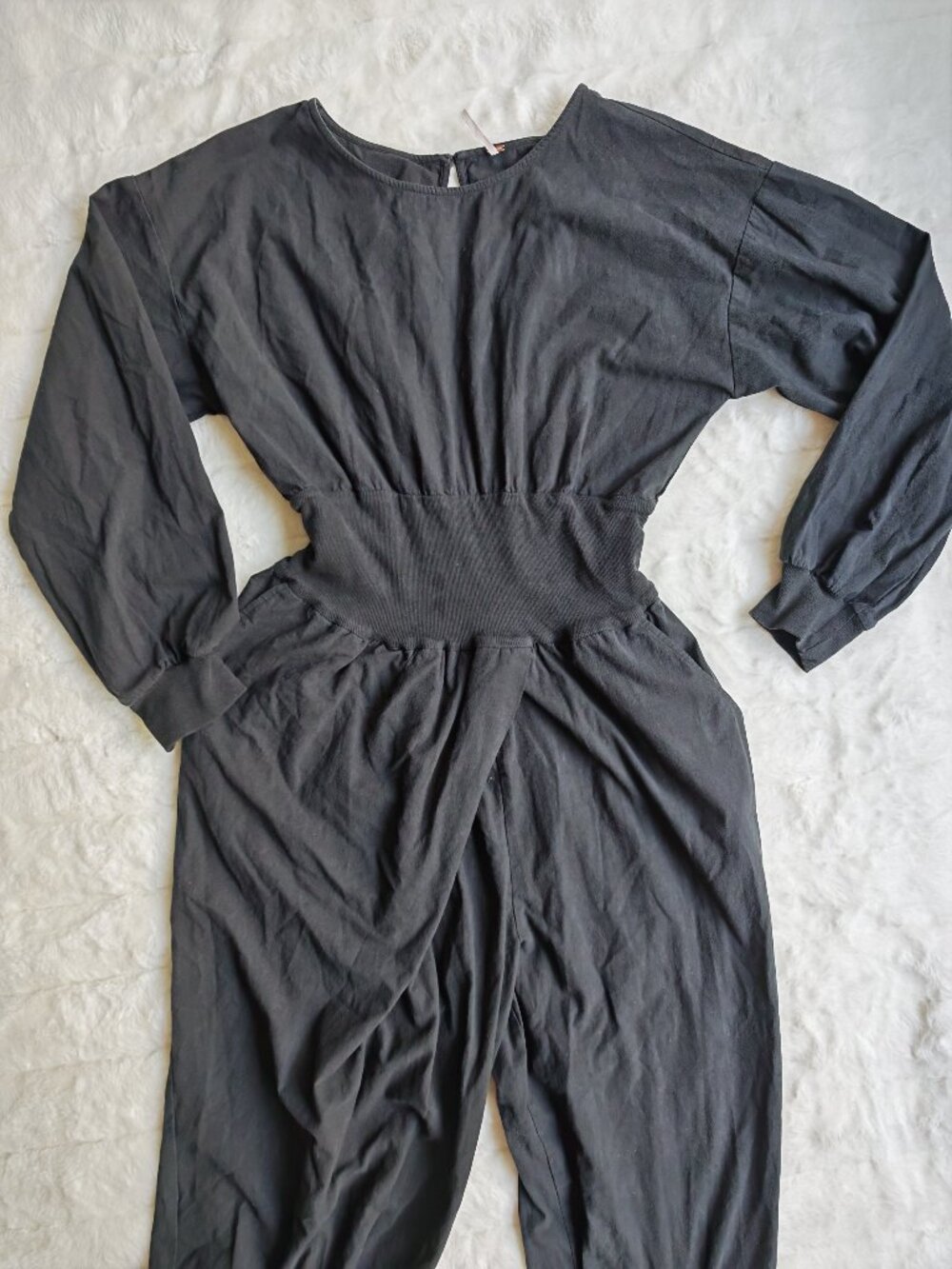 Free People Sonika Jumpsuit Black Balloon Sleeve Smocked Waist Size L - Picture 4 of 13